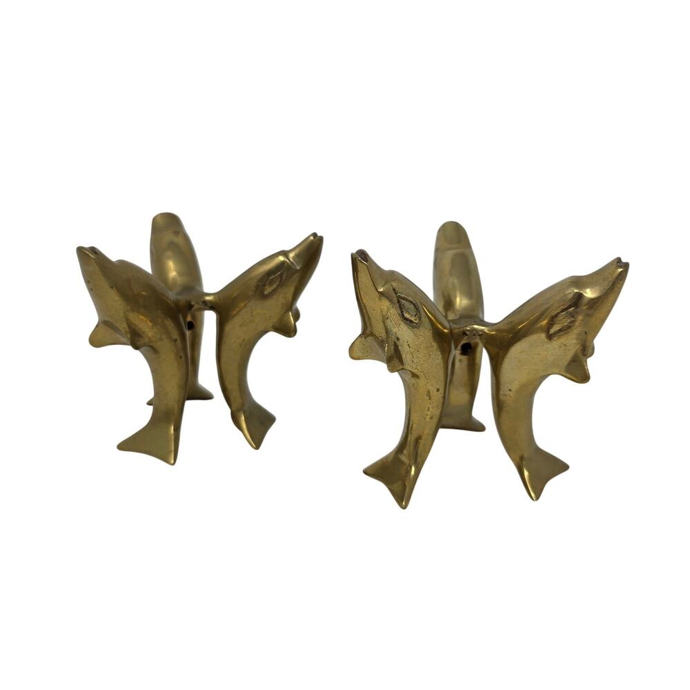 Vintage Solid Brass Dolphin Orb Stands Set of 2 Glass Float Holders